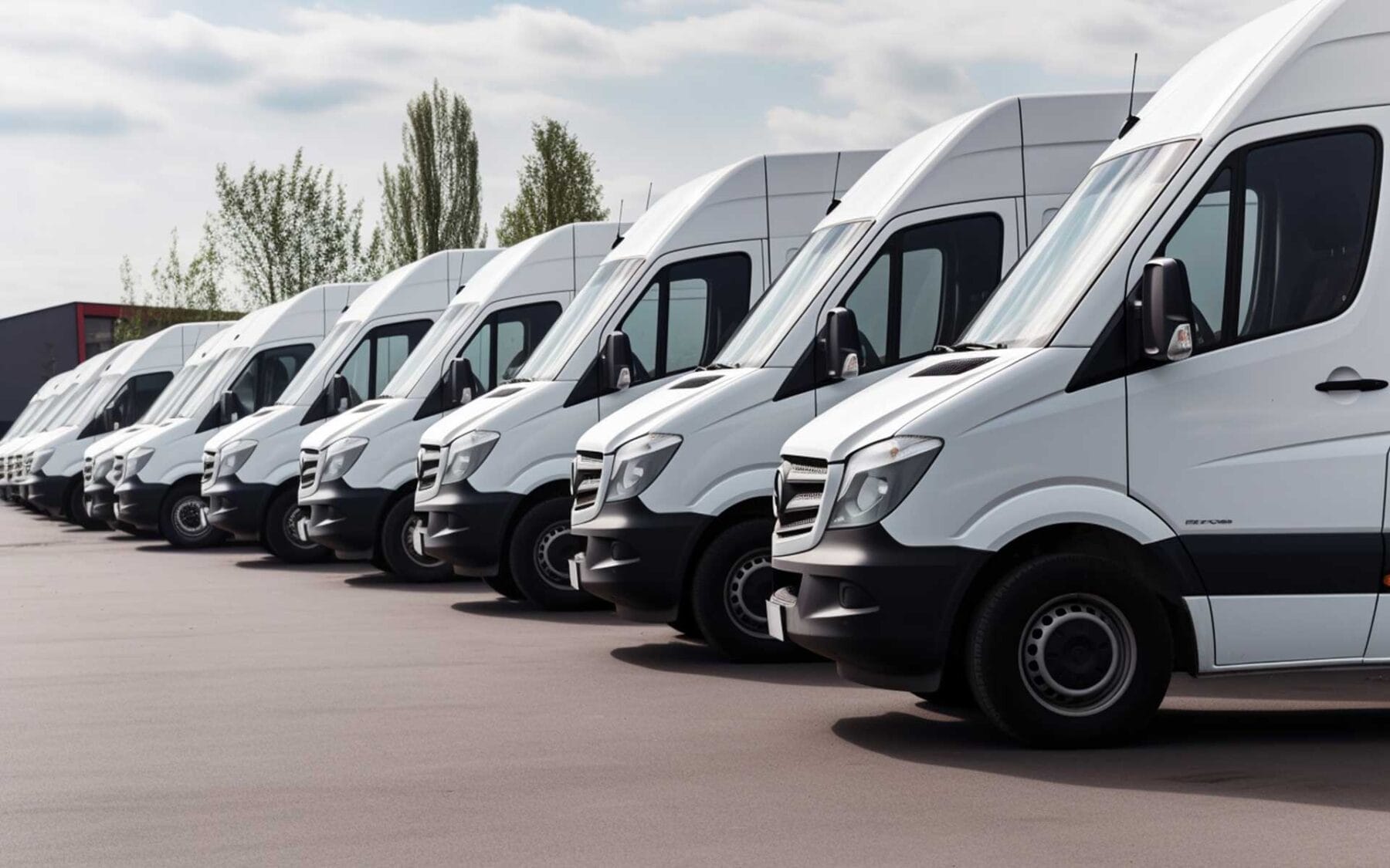Carpark with several parked white vans